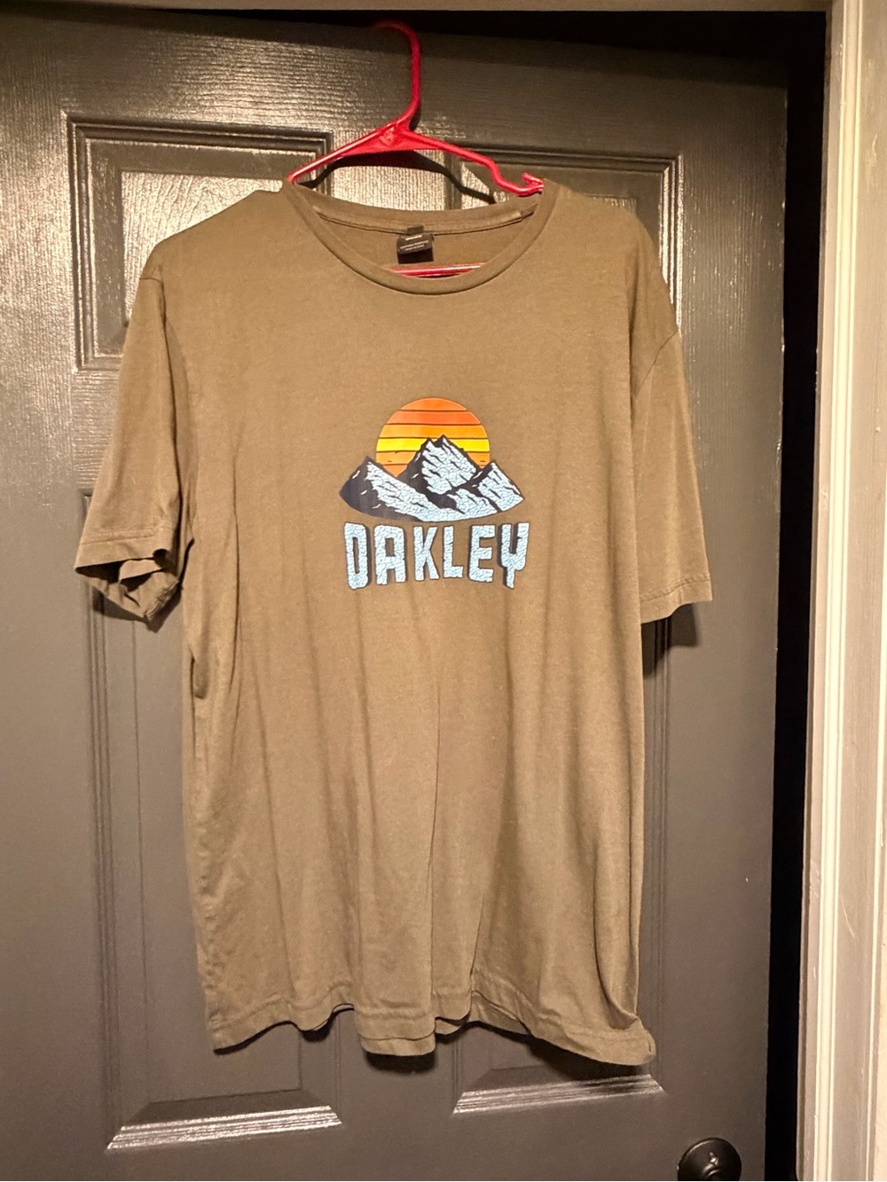 Oakley Olive Short-Sleeve Tee with Mountain Sunset Graphic